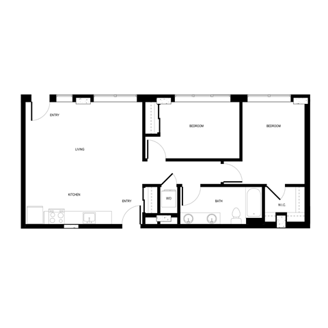 Floor plan for 2 beds, 1 bath, 963 sqft
